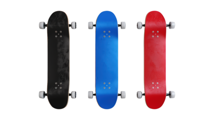 Collection Of Assorted Skateboards Black Blue And Red For Skateboarding Ads And Promotions isolated on transparent background. Generative ai