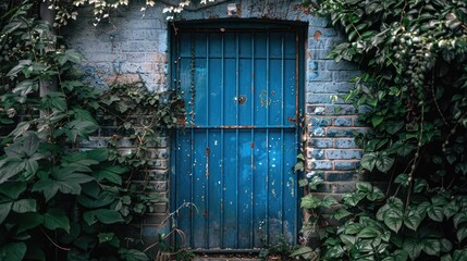 Blue door obscured by metal gate in grey wall with big bricks and dense foliage in front