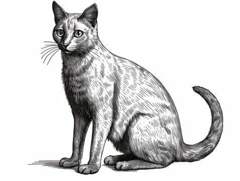 recommend clip art: Black and white Vintage engraved art of a Russian Blue cat isolated on white background, ink sketch illustration, simple vector art design, highly detailed line art, high contrasty