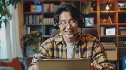 Fototapeta premium An Asian online content creator with spectacles happily plays video games and interacts with viewers through a live stream while using a headset and laptop for teaching purposes.
