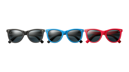 Collection Of Mixed Travel Sunglasses Black Blue And Red For Adventure Travel Ads And Marketing isolated on transparent background. Generative ai
