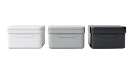 Collection Of Varieties Of Storage Boxes White Gray And Black For Home Organization Ads And Promotions isolated on transparent background. Generative ai