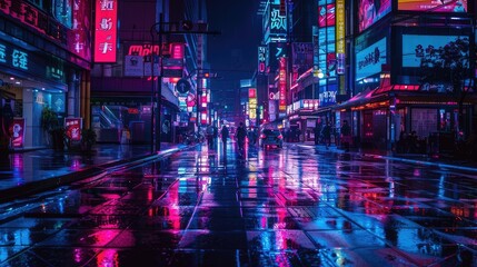 Fototapeta premium Vibrant Neon Cityscape at Night with Reflections