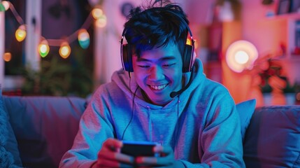 Happy gamers wearing headphones compete to play online video games with colorful neon lights in living room.