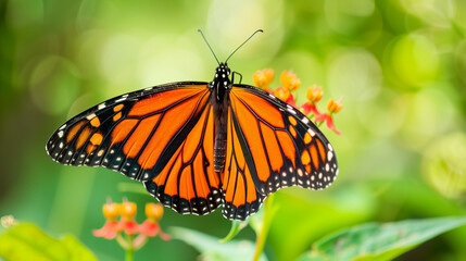 Obraz premium Крупный план бабочки монарх, отдыхающей на ярком цветке, демонстрирующей свои яркие оранжево-черные крылья на мягком зеленом размытом фоне в фотореалистичной сцене природы.