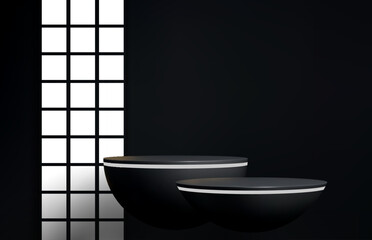 Japanese grey or black podium stage against a geometric backdrop with a grid pattern. Vector elegant Japan style semi-spherical platforms for showcasing cosmetic products, ceremonies or presentations