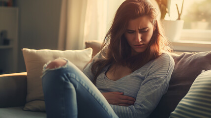 Obraz premium Woman with stomach pain sitting on sofa holding stomach with expression of suffering