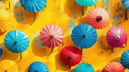 Umbrellas in vibrant hues on sunny wall