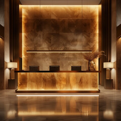 The hotel's elegant lobby features a luxurious concierge desk lit with warm golden light. The elegant, contemporary design features marble floors, sophisticated decor and ambient lighting.
