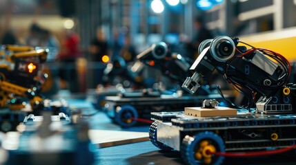 Fototapeta premium Show robots competing to pick up blocks in a robot competition.