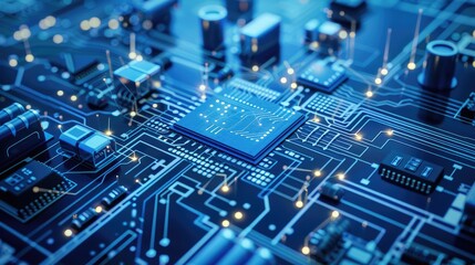 High-Tech Microchip on Circuit Board with Glowing Signals