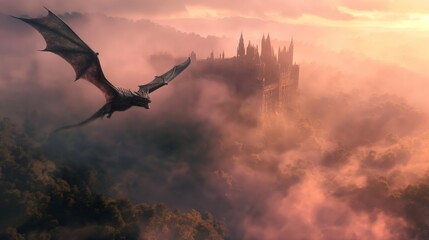 Obraz premium Majestic Dragon Flying Over Misty Landscape with Castle at Sunrise for Fantasy Adventure Poster Design