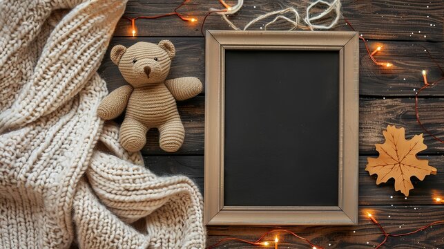 Pregnancy Announcement : Fall Baby with Black Letter Board Mockup featuring Teddy Doll, Fairy Lights, and Fluffy Blanket on the Wooden Floor, Winter Pregnancy with Flat Lay or Top View