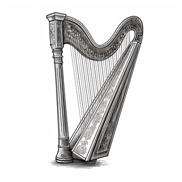 recommend clip art: Black and white Vintage engraved art of a harp isolated on white background, ink sketch illustration, simple vector art design, highly detailed line art, high contrasty
