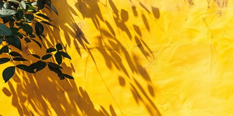 Foliage shadows on golden cement surface with texture and variations. Modern colorful nature theme backdrop. Room for text on top of poster display.