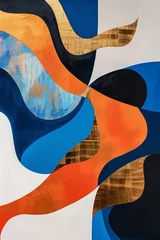 Gordijnen Abstract art with flowing blue, orange, and gold shapes, creating a dynamic, modern visual composition © poom