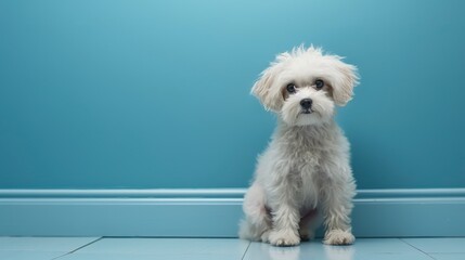 a small white dog sitting on top of a blue floor in front of a blue wall with a sad look on it's face. 