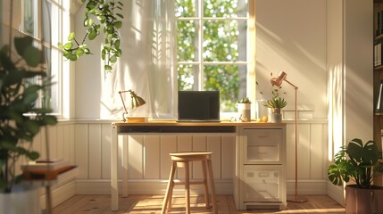 A desk with a laptop and a stool in front of it