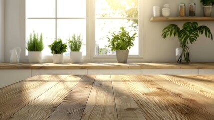 Wooden surface in bright kitchen for product display or design layout.