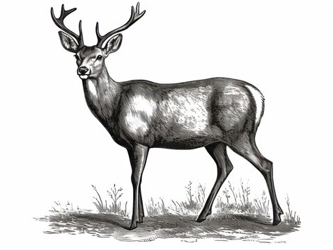recommend clip art: Black and white Vintage engraved art of a deer isolated on white background, ink sketch illustration, simple vector art design, highly detailed line art, high contrasty