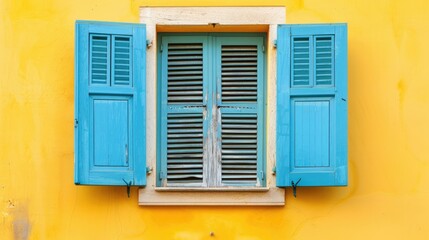 Fototapeta premium Antique light blue shutters on windows against vibrant yellow backdrop. French aesthetic.