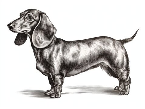 recommend clip art: Black and white Vintage engraved art of a Dachshund isolated on white background, ink sketch illustration, simple vector art design, highly detailed line art, high contrasty 