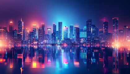 Digital cityscape with glowing lights and reflections, showcasing modern urban architecture