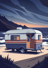 camping, rv, travel, camper, caravan, train, car, motorhome, trailer, transportation, truck, transport, road, a vintage trailer stands in profile in the distance on the ocean shore, in a surf camp.