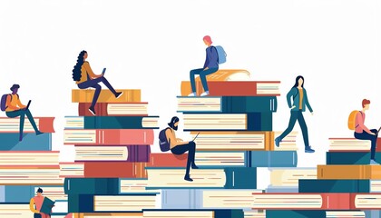 Illustration of people climbing stacks of books, symbolizing knowledge, growth, and educational achievement