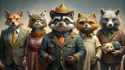 Various animals dressed in human clothes, doing everyday human activities. Generative AI.
