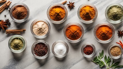 Colorful spices in wooden spoons and plates.