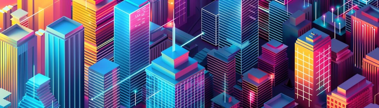 Isometric cityscape with skyscrapers, charts, and graphs, representing urban planning and statistics