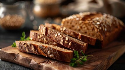 Freshly sliced multi-grain bread on a wooden cutting board, with a loaf in the background, captured in a rustic kitchen setting.