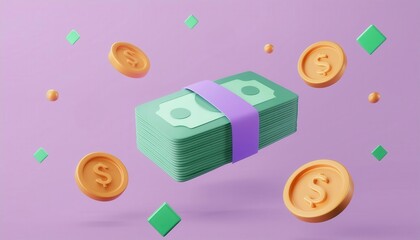 A vibrant illustration of a money bundle surrounded by coins and shapes, conveying concepts of finance and wealth.