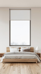 Modern bedroom interiors composition with a bed next to a large window and neutral colors. Apartment resting spaces with copy space.