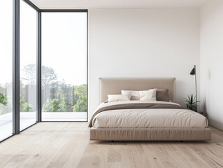 Fototapeta premium Modern bedroom interiors composition with a bed next to a large window and neutral colors. Apartment resting spaces with copy space.