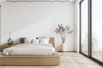 Modern bedroom interiors composition with a bed next to a large window and neutral colors. Apartment resting spaces with copy space.