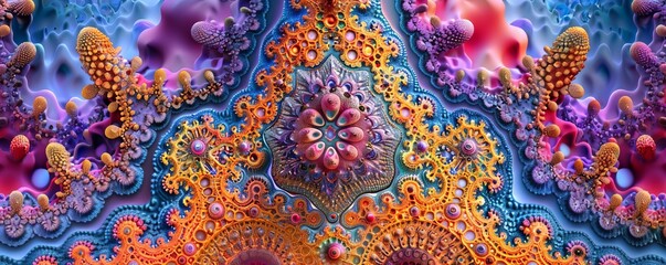 Psychedelic fractal patterns with vibrant colors and intricate designs, psychedelic digital fractal art, mind-bending visuals
