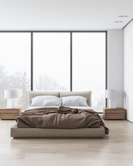 Modern bedroom interiors composition with a bed next to a large window and neutral colors. Apartment resting spaces with copy space.