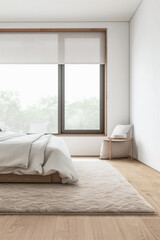 Modern bedroom interiors composition with a bed next to a large window and neutral colors. Apartment resting spaces with copy space.