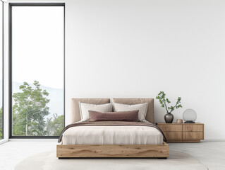 Modern bedroom interiors composition with a bed next to a large window and neutral colors. Apartment resting spaces with copy space.