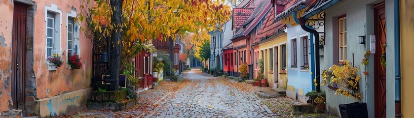 Quaint cobblestone street lined with colorful houses and autumn trees