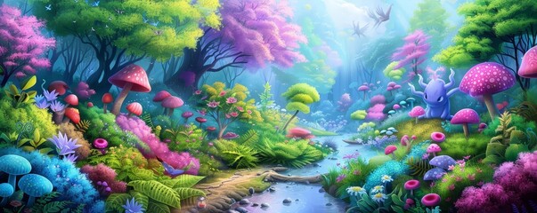 Whimsical fantasy scene with magical creatures and enchanted forest, whimsical digital fantasy illustration, fairy tale world © lnwAI