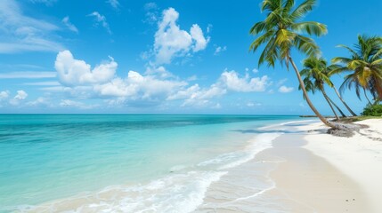 A tropical beach with swaying palms, turquoise waters, and golden sand&mdash;a serene paradise for escape.