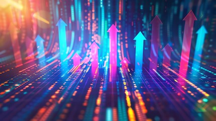 Vibrant arrows and data charts over a digital interface, representing financial growth and market trends