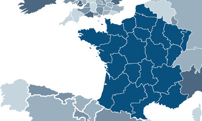 Political Map of France with individual colors,isolated on white background for website layouts,background,education, precise,customizable,Travel worldwide,map silhouette backdrop,earth geography.