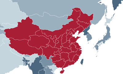 China map with individual colors,isolated on white background for website layouts,background,education, precise,customizable,Travel worldwide,map silhouette backdrop,earth geography, political,reports