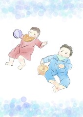 寝転びボールを持つ男の子と女の子の赤ちゃん