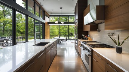 Modern Kitchen with Large Windows and Scenic Garden View