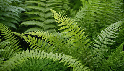Obraz premium Close-up view of vibrant green fern fronds in a dense forest setting